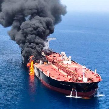 An oil tanker is seen after it was attacked at the Gulf of Oman Oil Tankers Explode : హర్మూజ్లో ఉద్రిక్తత.. పేలిన చమురు ట్యాంకర్లు!